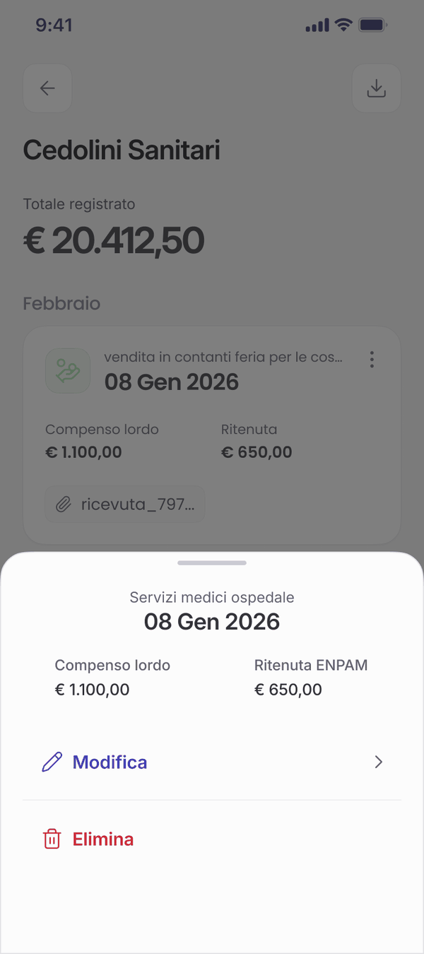 Menu Modifica ed Elimina su un cedolino, da app mobile
