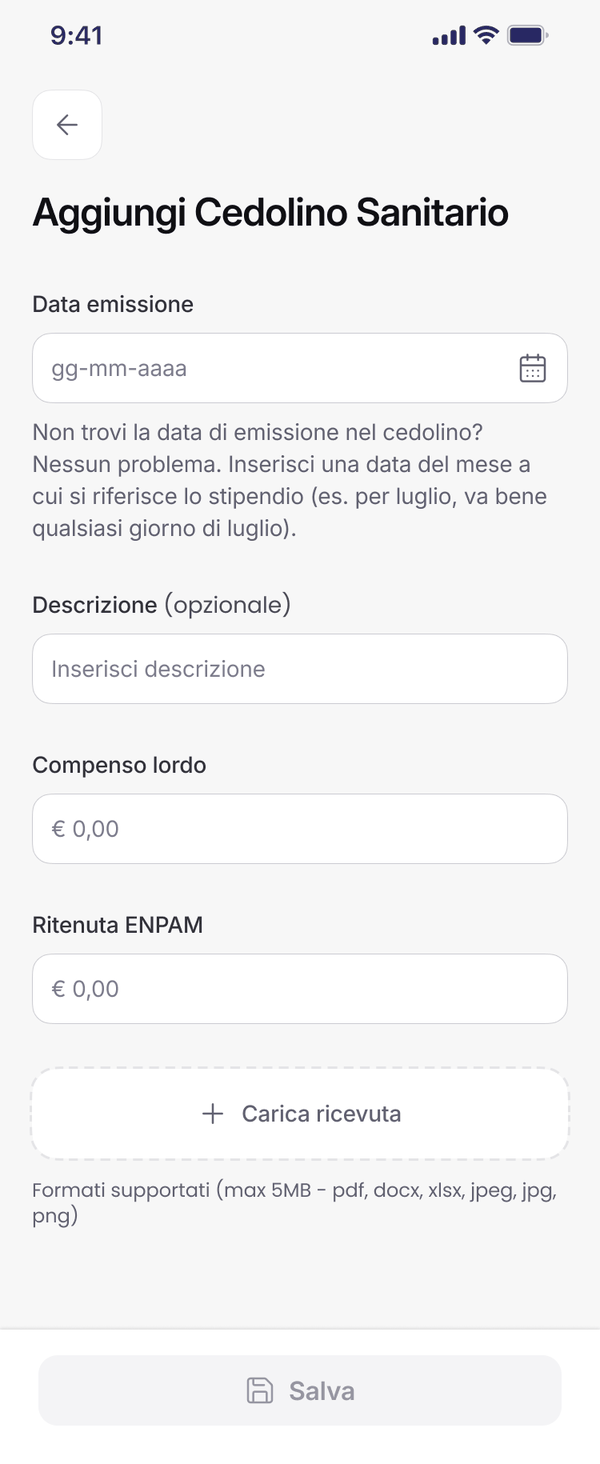 Form Aggiungi Cedolino Sanitario su app mobile