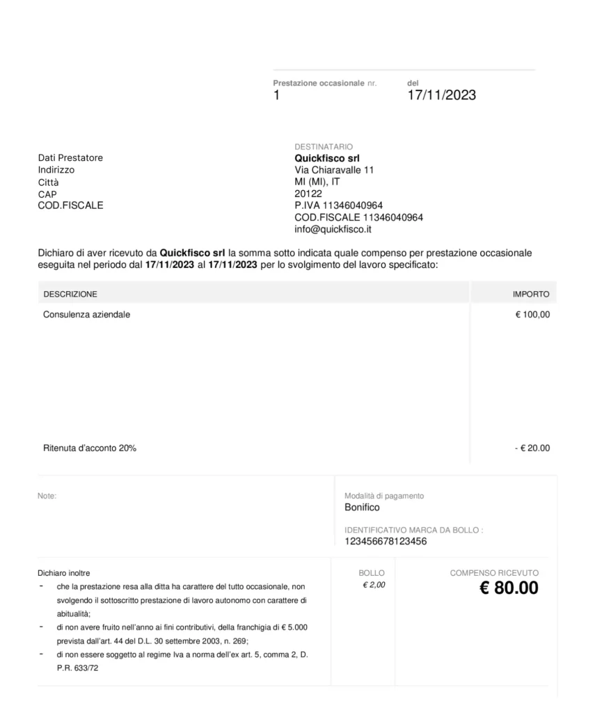 Esempio ricevuta prestazione occasionale