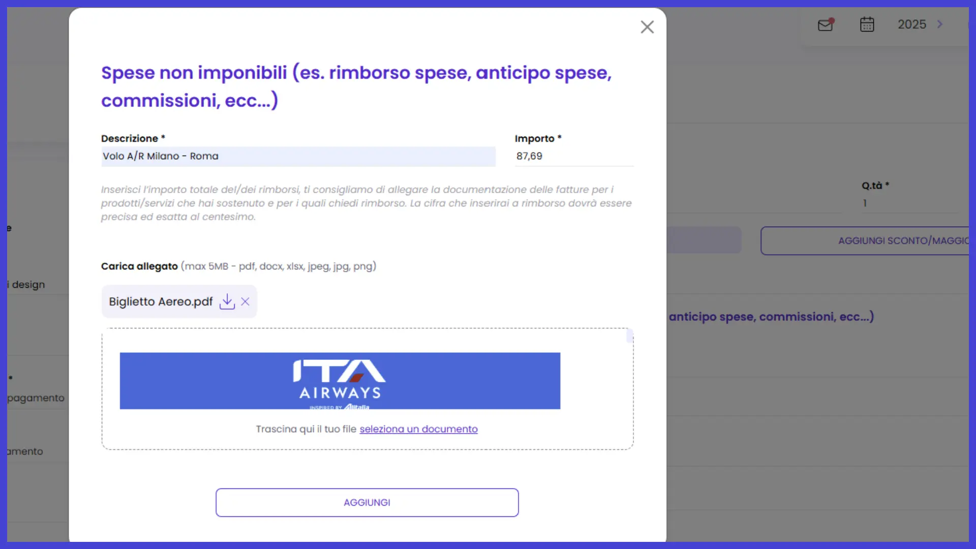 Esempio inserimento rimborso spese in fattura