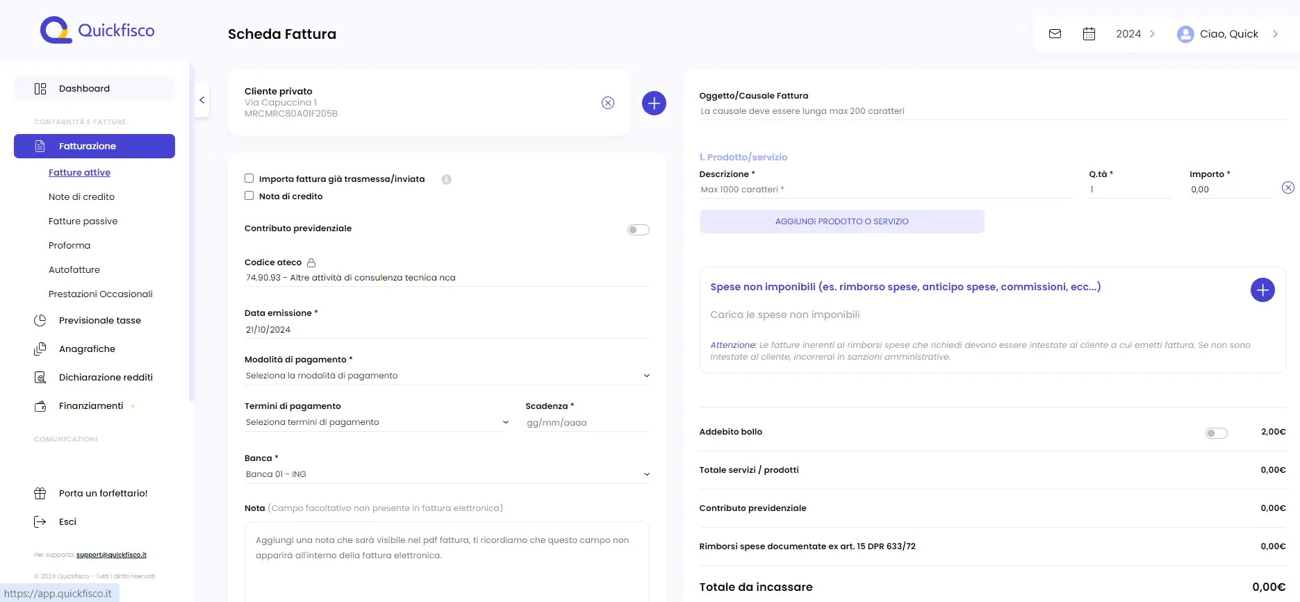 esempio fattura elettronica ai privati Quickfisco